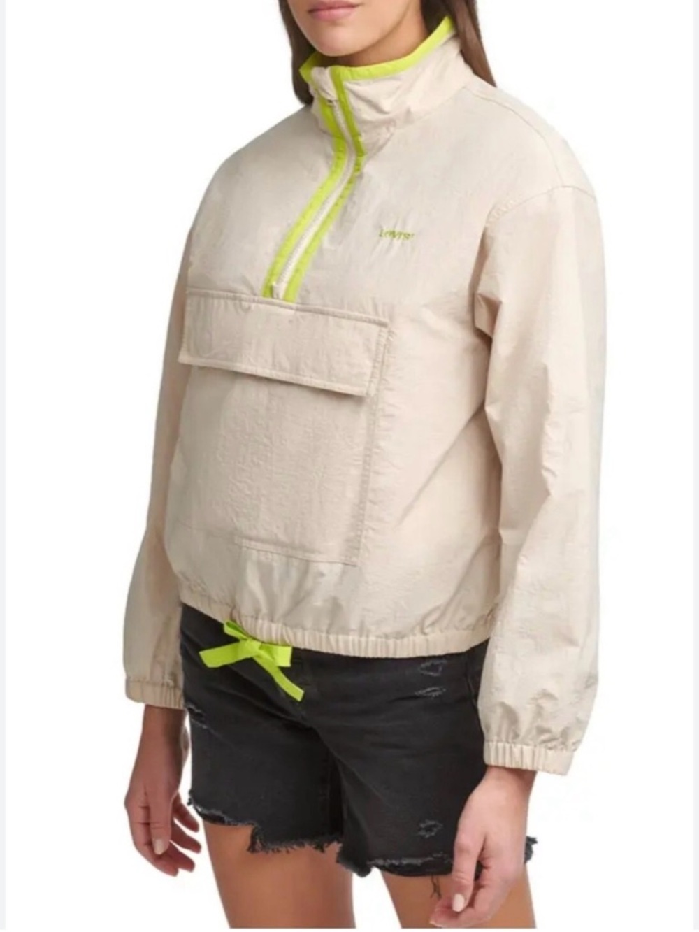 Levi's Beige Windbreaker Pullover Jacket with Neon Yellow Trim